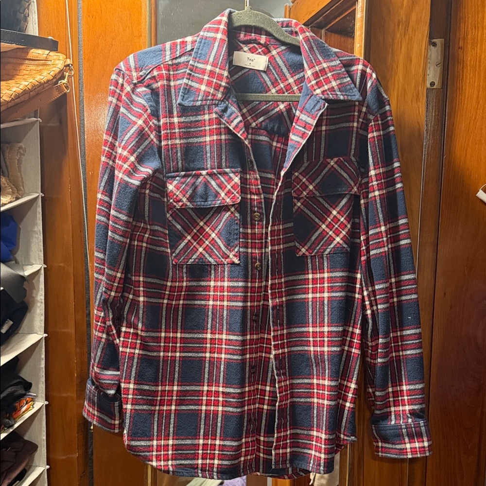 TNA from Aritzia Medium Navy and Red Plaid Button-Down Shirt